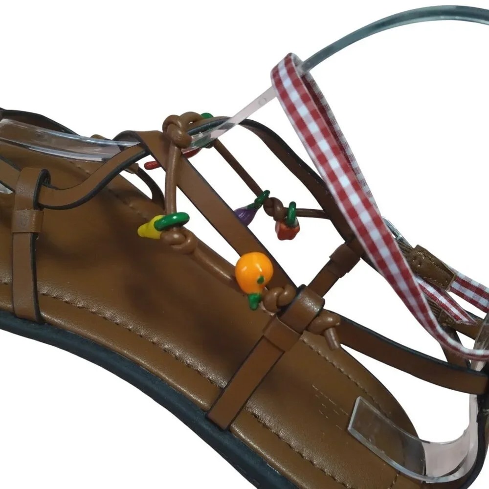 Zara Women’s Size 39 Brown Flat Thong Sandals Strappy Charms Boho Travel  Hippie